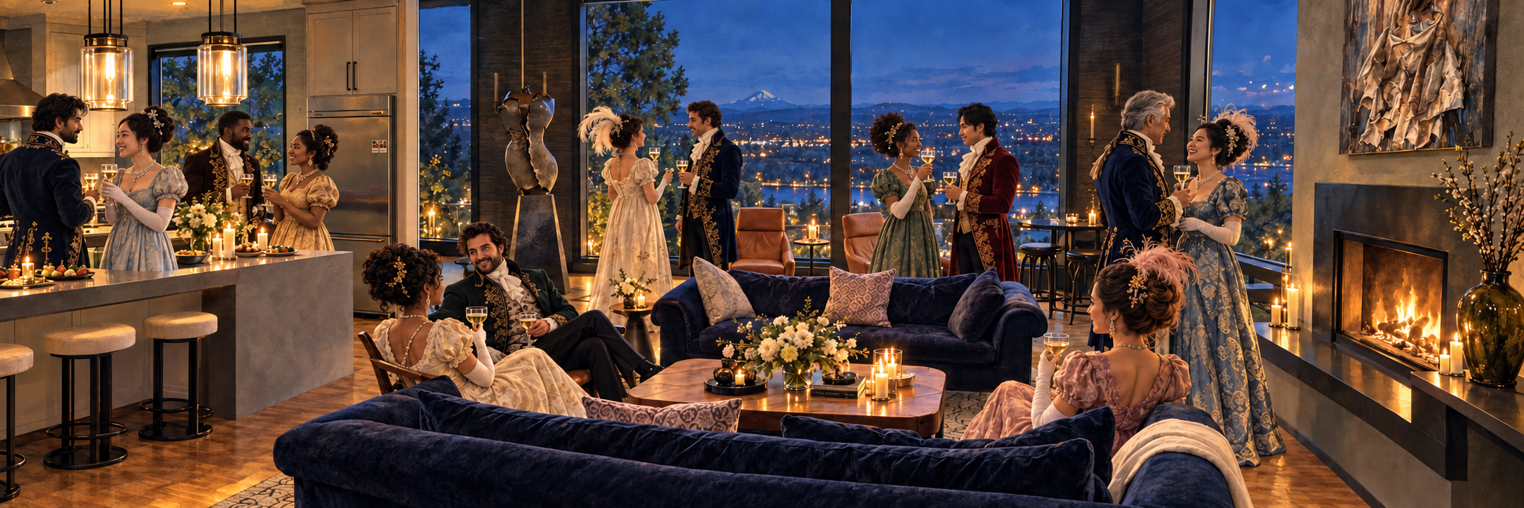A festive imagining of Regency-costumed guests celebrating in Chuck and Rilla’s modern home, with a river view at dusk.