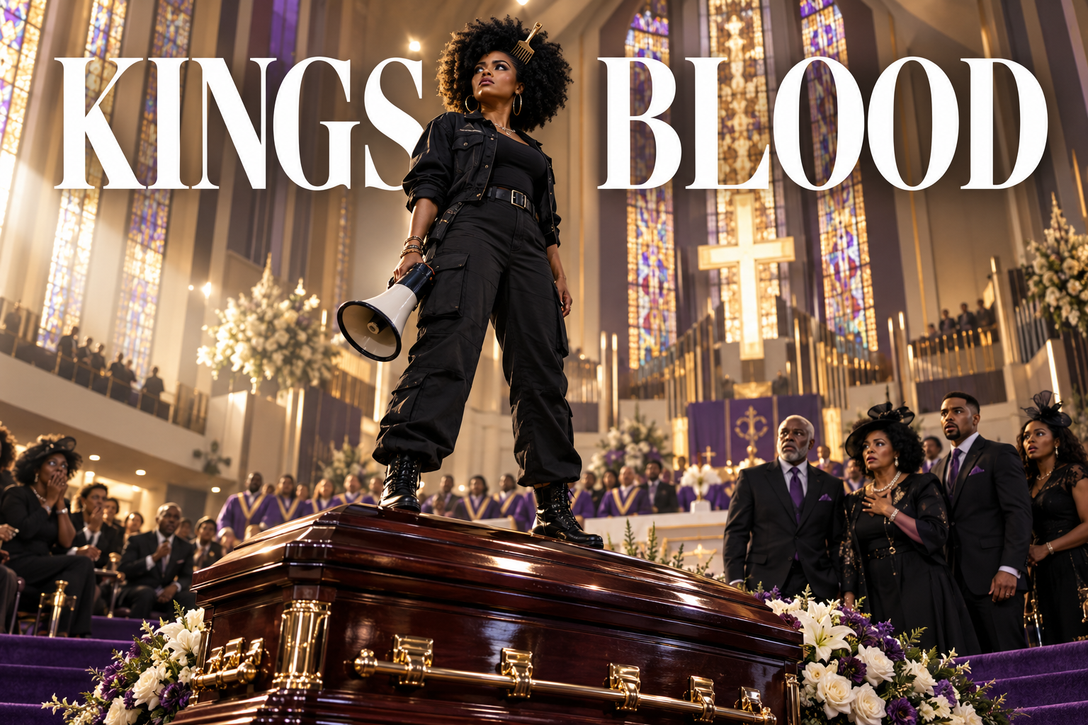 Starlett standing defiantly on the closed casket