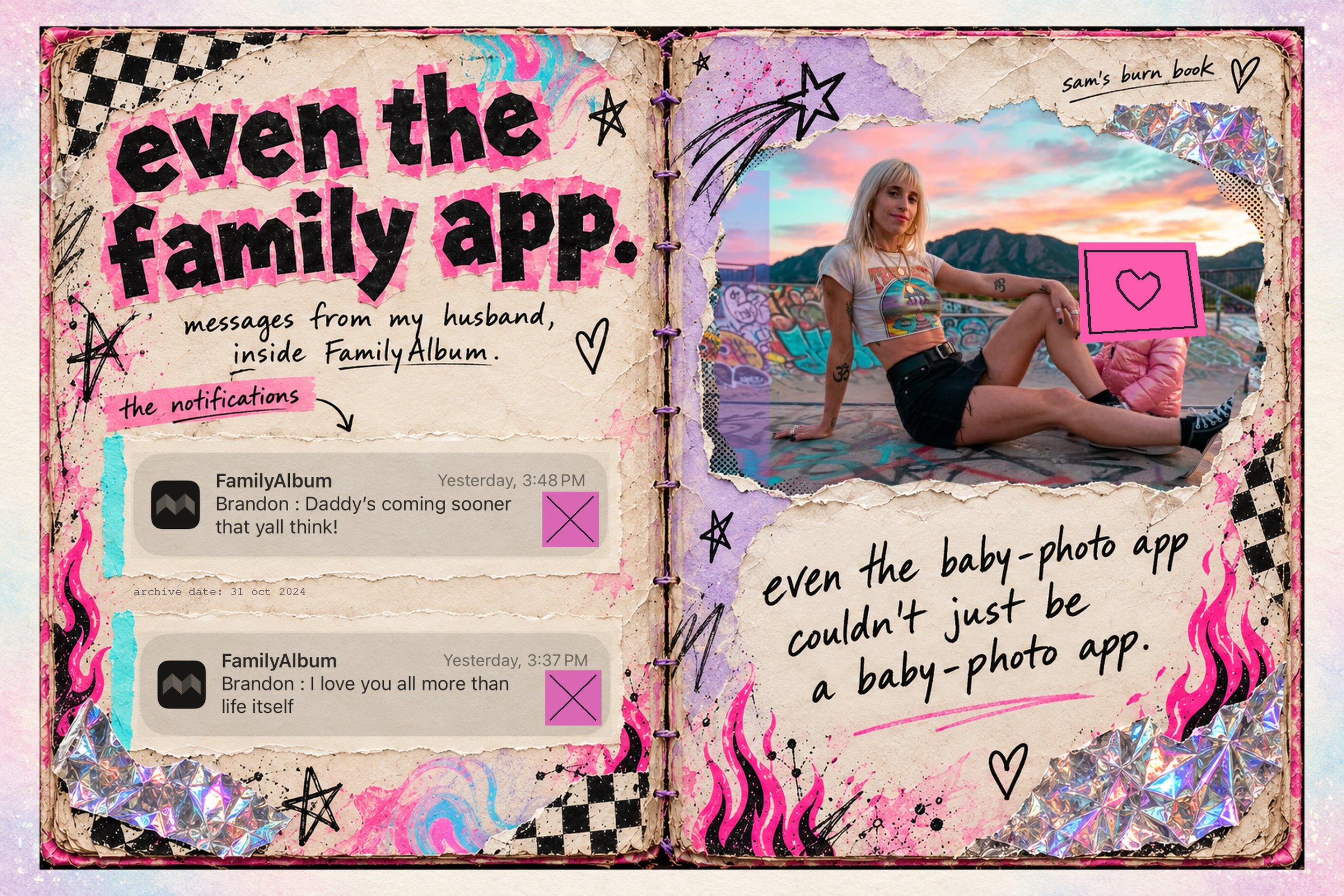 Burn Book spread preserving FamilyAlbum notifications, with minors obscured.
