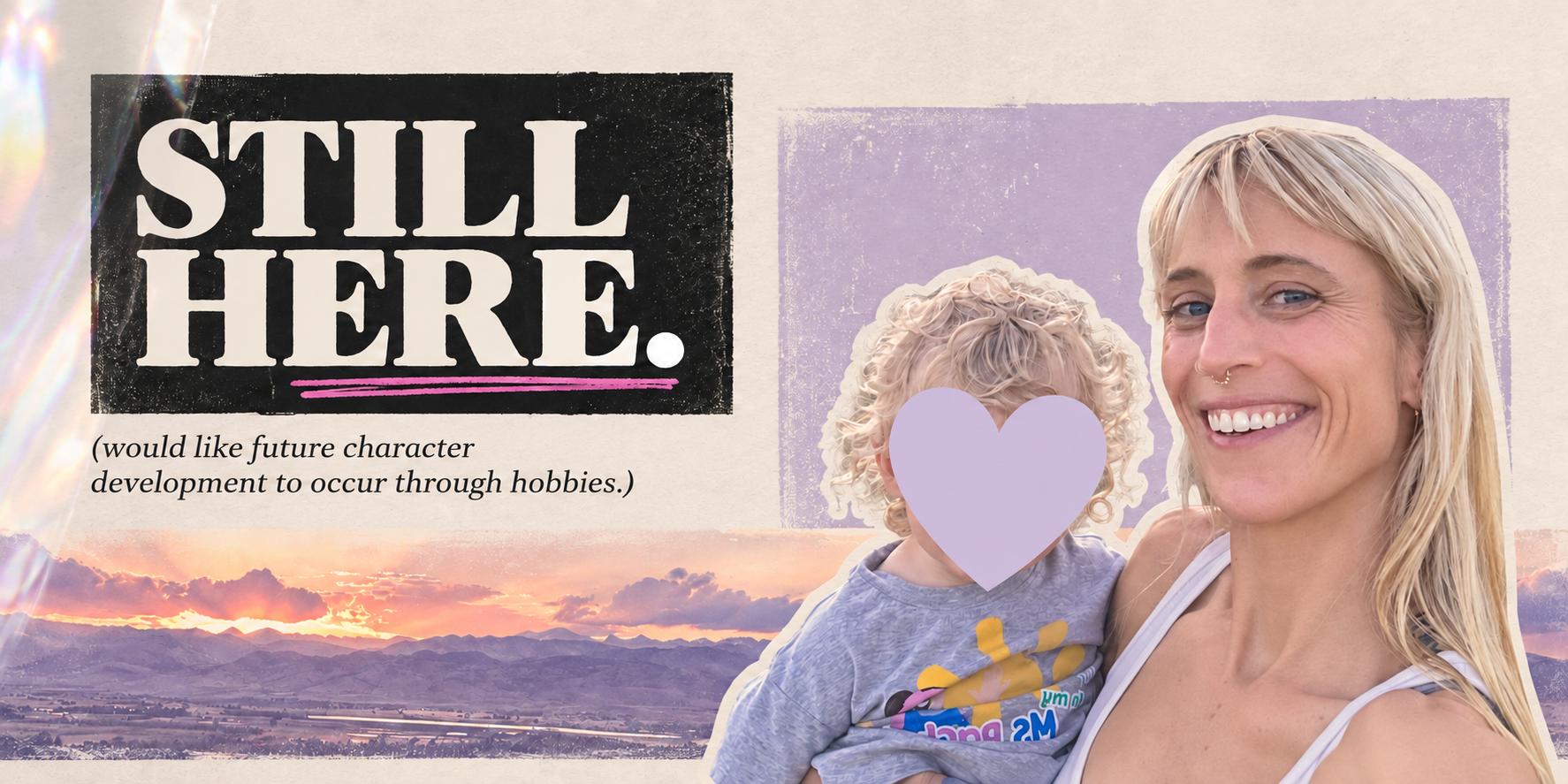 Still Here. Sam and Ryan in a softly toned lilac and peach die-cut photograph above their sunset horizon, with ivory paper and iridescent material. Ryan’s entire face is covered by an opaque lavender heart.