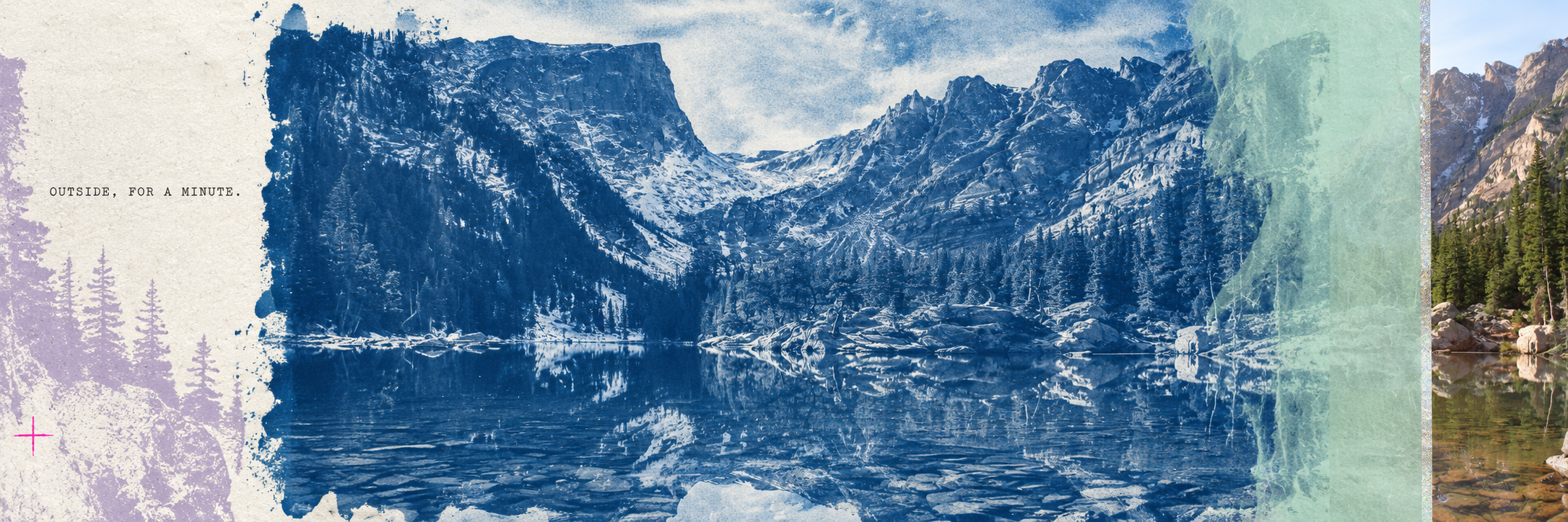 Outside, for a minute. The mountain-and-lake photograph from the Colorado archive as a cobalt cyanotype with mint vellum and ivory paper.
