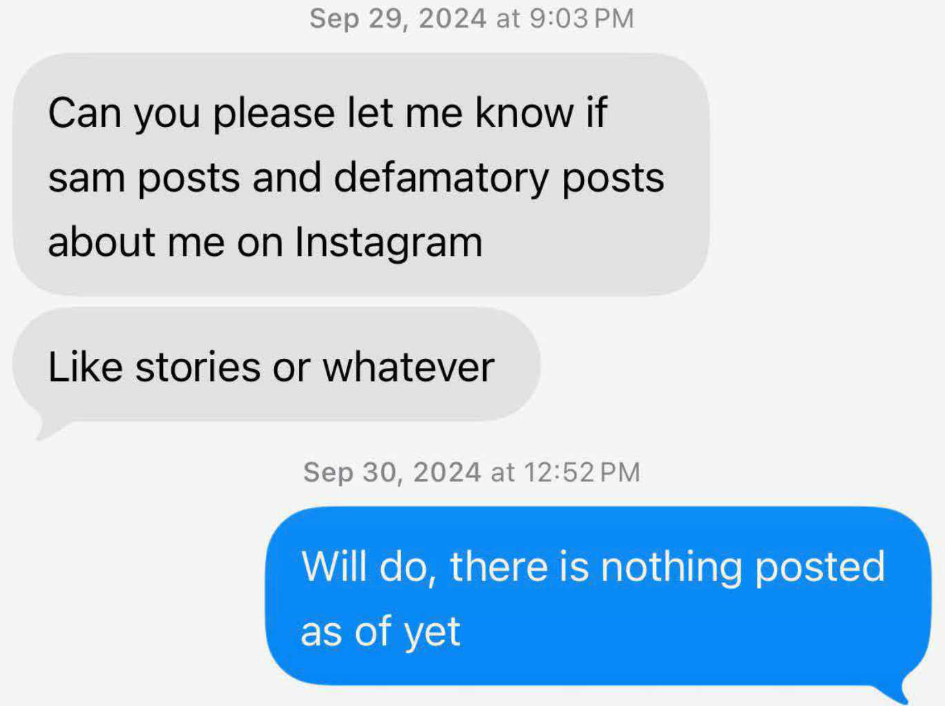 September 29–30 messages requesting and agreeing to monitoring of private Instagram posts.