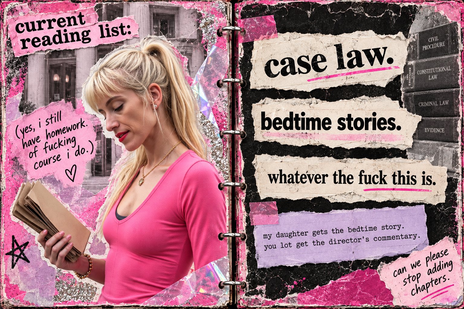 Current reading list: case law, bedtime stories, whatever the fuck this is. Sam in pink with law books and handwritten commentary.