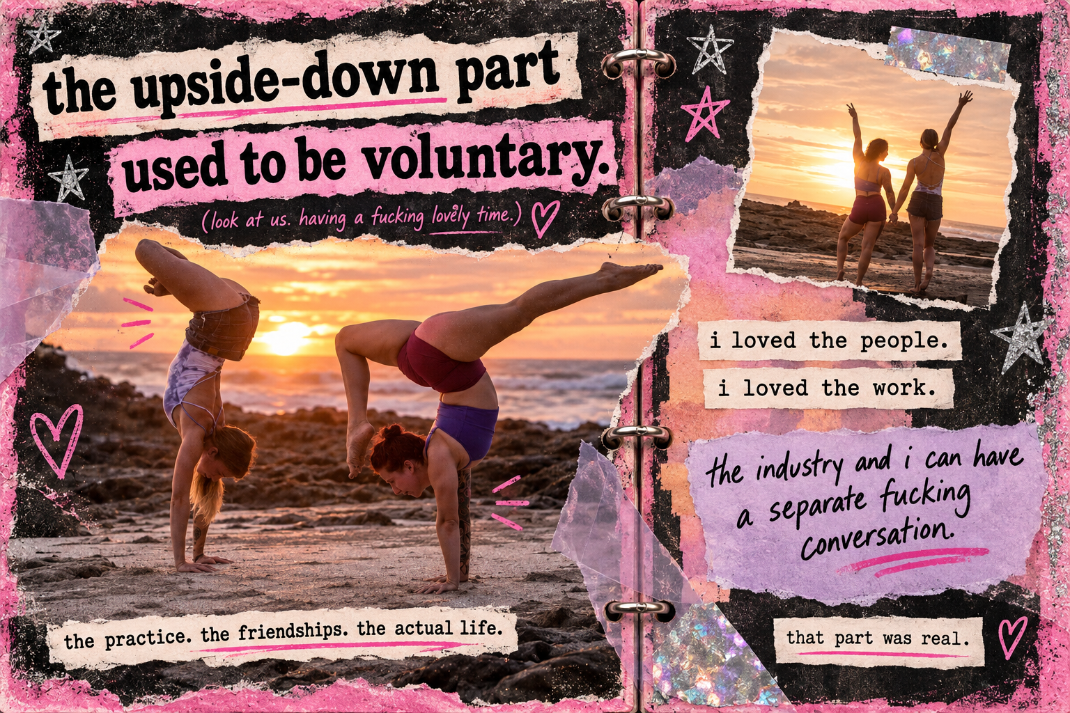 The upside-down part used to be voluntary: sunset handstands and friendship in a pink, lilac and silver Burn Book spread.