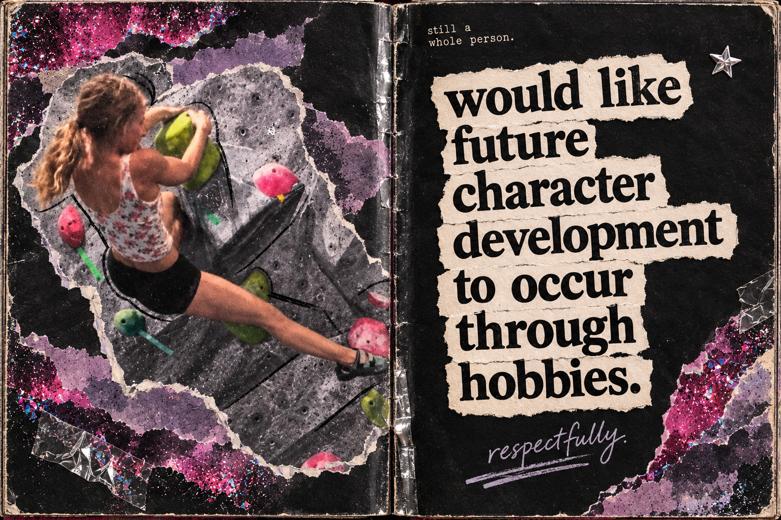 Sam climbing across a dark zine spread with silver foil and pink clouds. Would like future character development to occur through hobbies. Respectfully.
