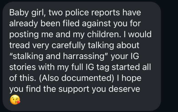 Incoming message claiming police reports and warning about posts.