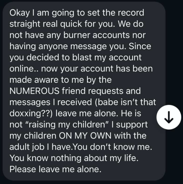 Incoming message denying involvement with burner accounts.