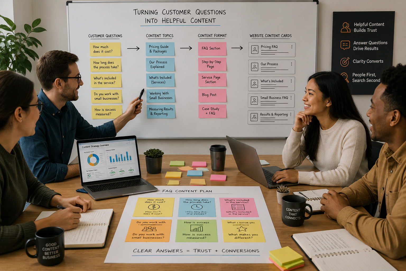 Marketing team organizing customer questions into website content cards
