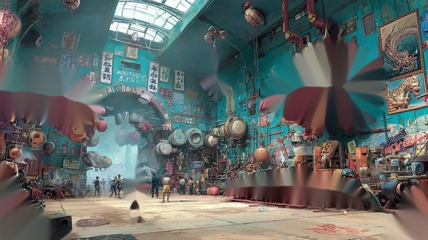 A vast teal training hall under a skylight, scrolls and dragon paintings on the walls