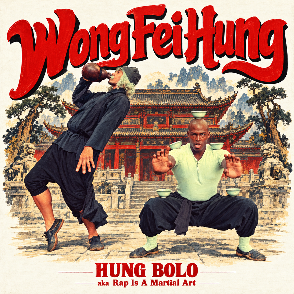 Wong Fei Hung cover art: Hung Bolo aka Rap Is A Martial Art in a horse stance balancing tea cups in front of a temple