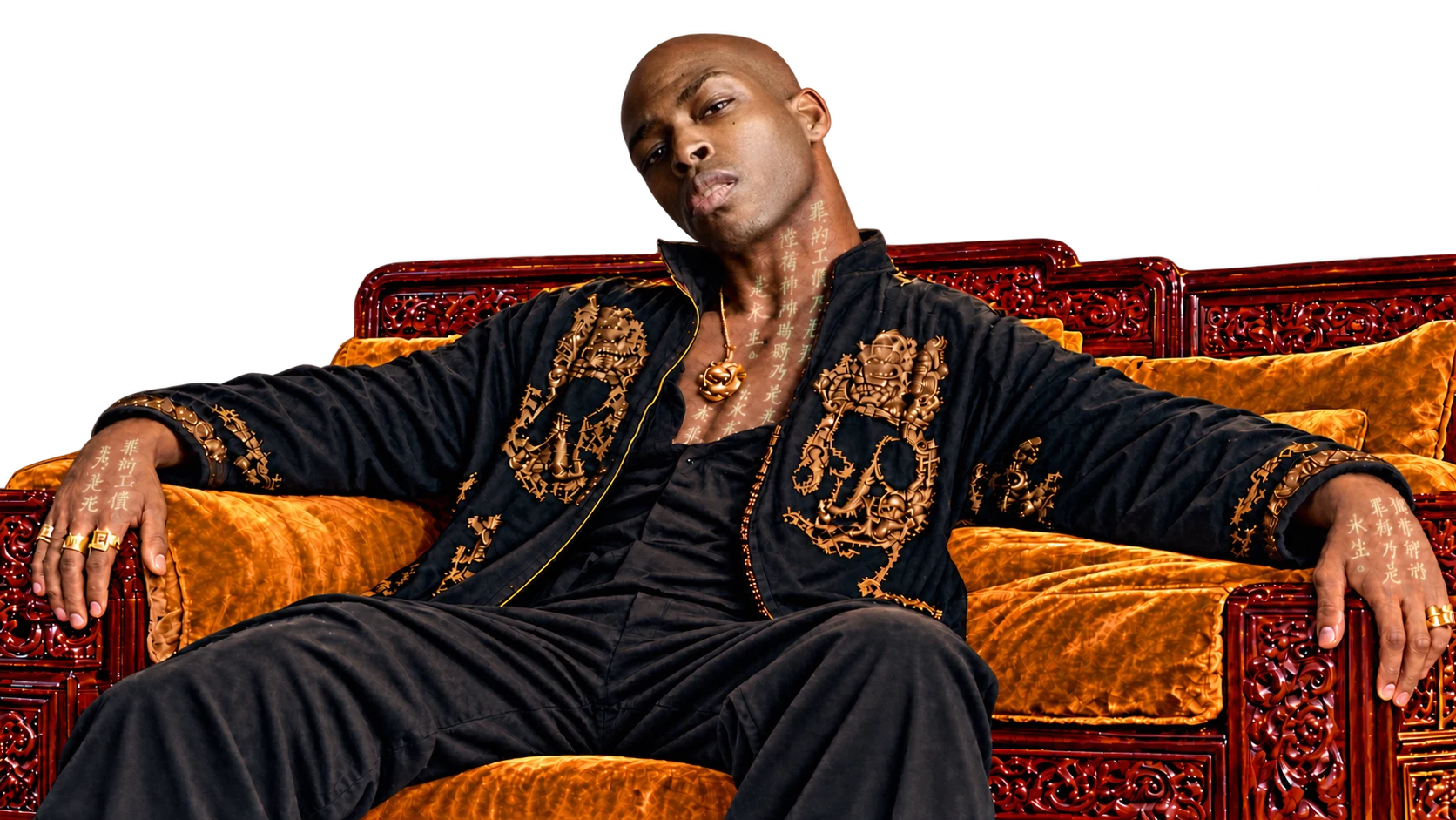 Hung Bolo seated on a carved rosewood throne in an embroidered black jacket, scripture written on his neck and hands
