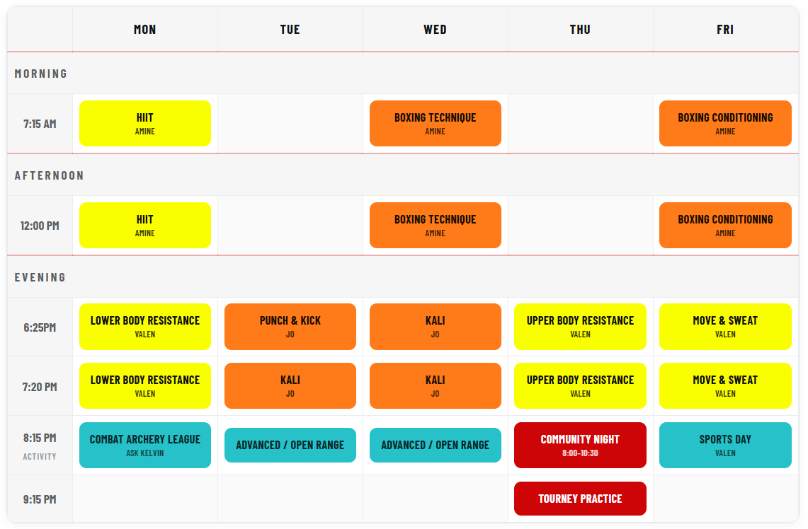 Arena Fitness weekly class schedule