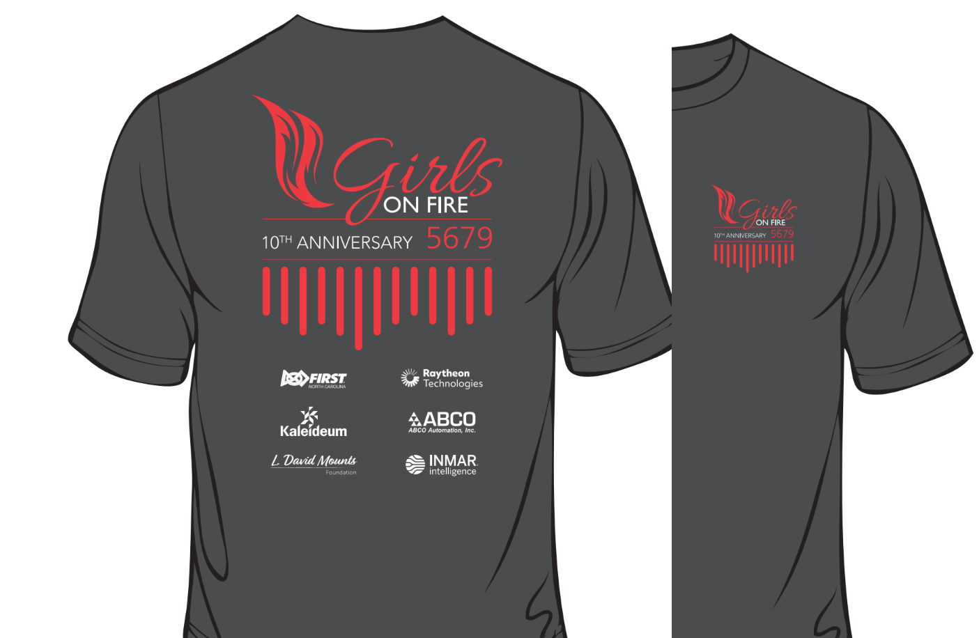 A red flame with the text 'Girls on Fire 5679 10th Anniversary' and vertical marks indicating crescendo and decrescendo logo fills the back of the shirt, and the top left chest of the shirt.