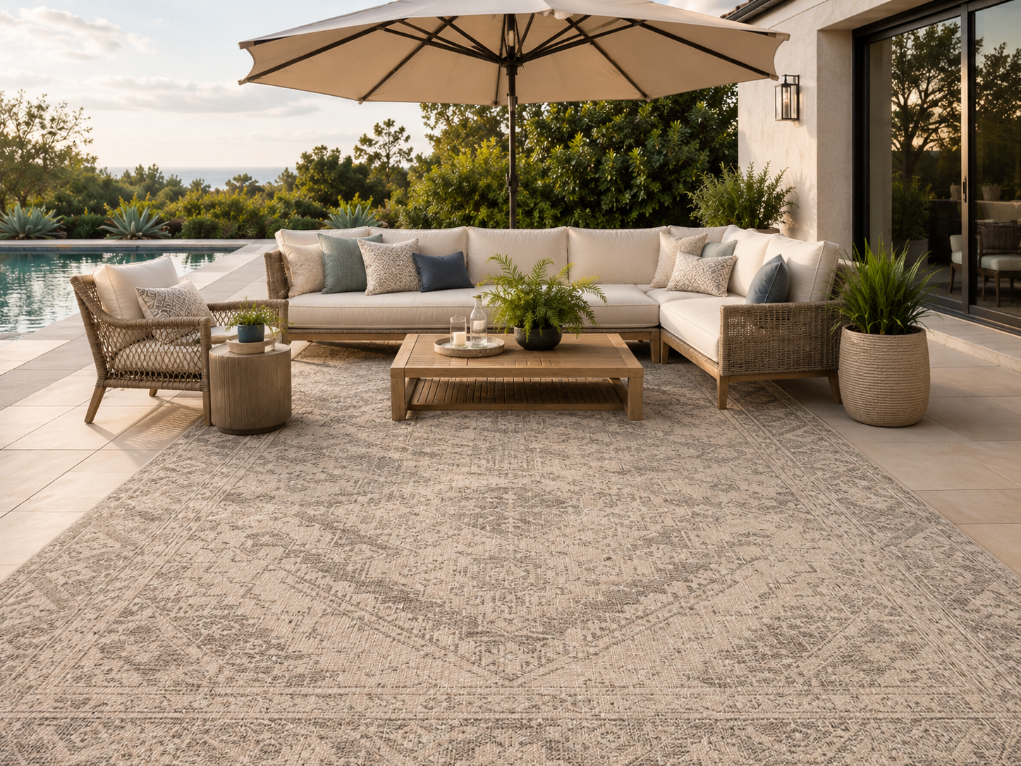 Large indoor outdoor rug with patio umbrella