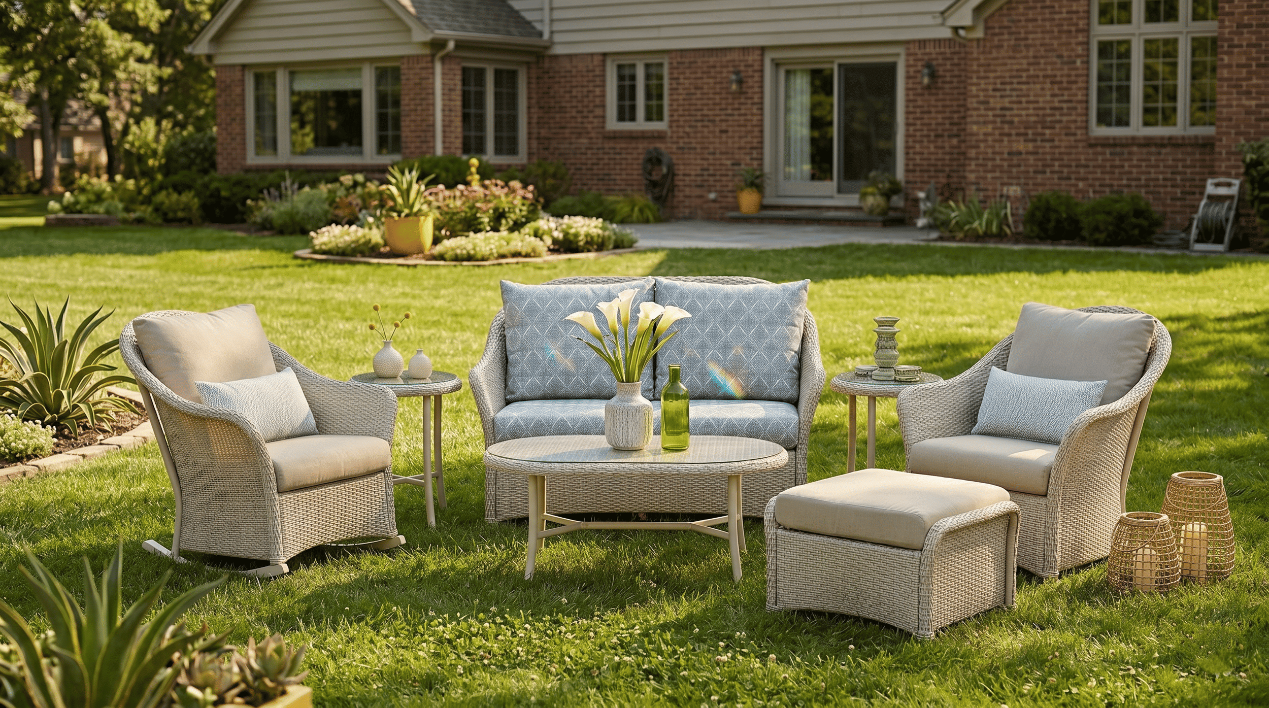 Cream wicker outdoor seating
