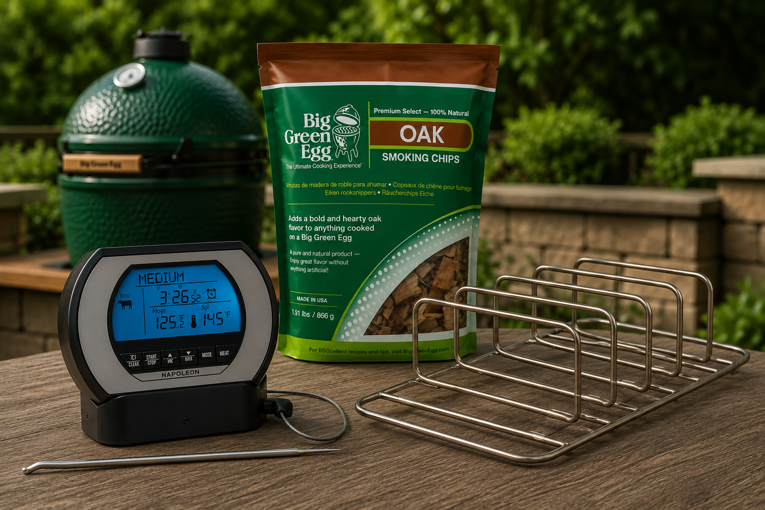 ThermoWorks thermometer, rib rack and wood chips bundle