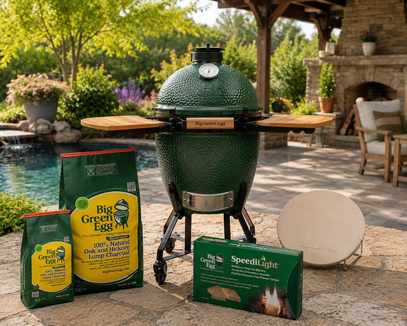 Small Big Green Egg with free pizza stone, charcoal and starters