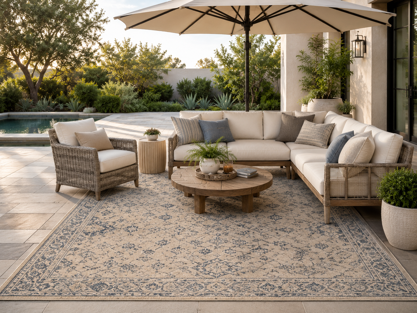 Patterned outdoor rug with umbrella patio set
