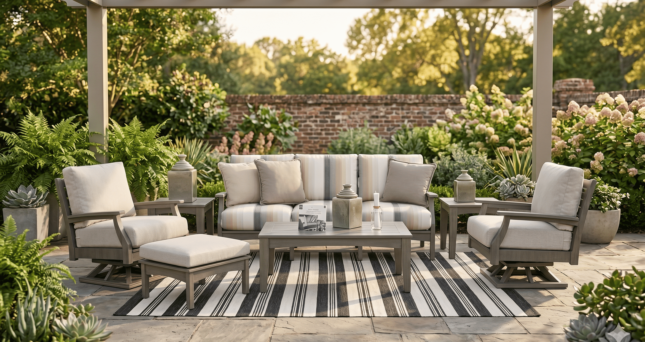 Striped pergola outdoor setup