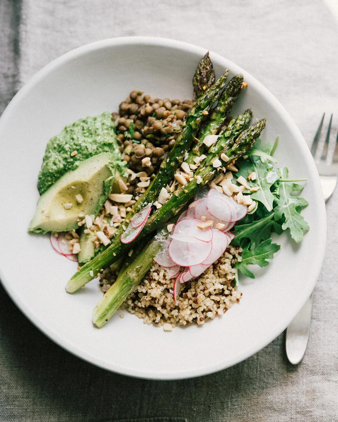 Spring Bowls w/ Almond Arugula Pesto . Sprouted Kitchen