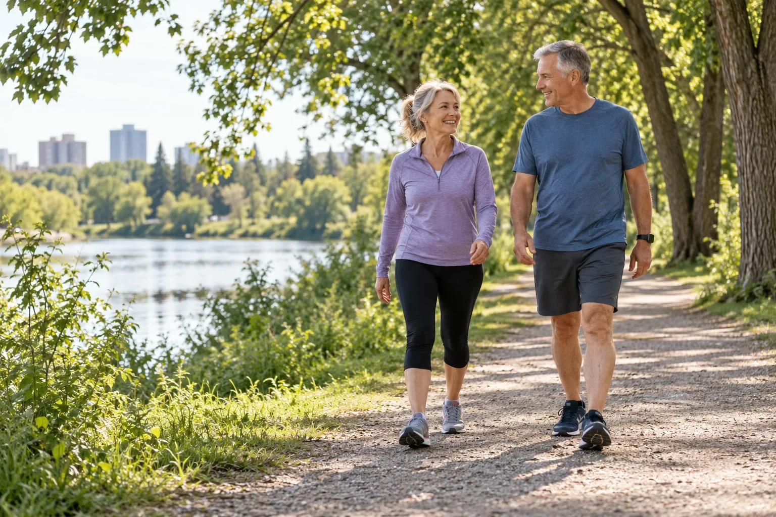 Two adults enjoying a walk along a sunlit park trail