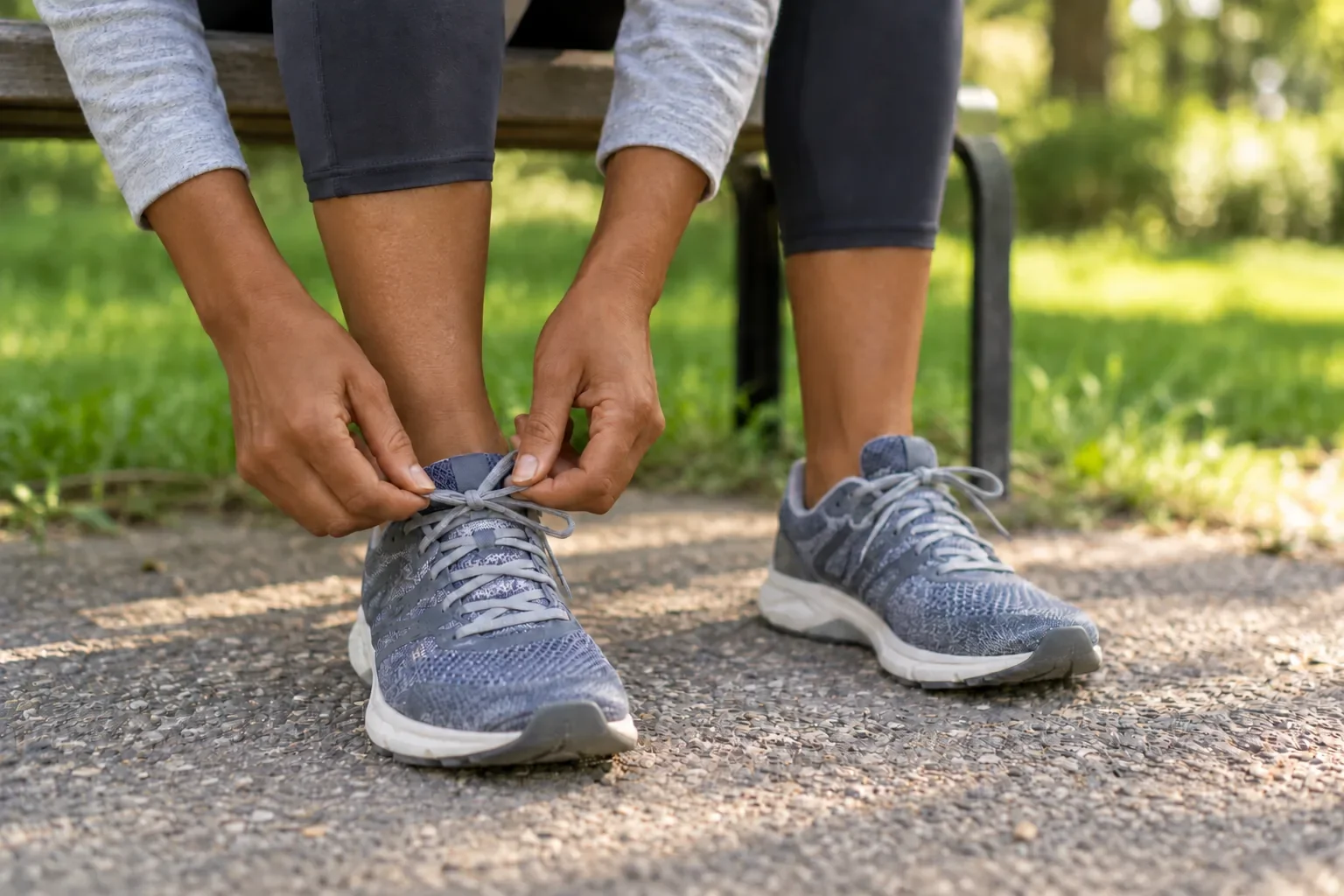 A person tying their walking shoes before heading outdoors