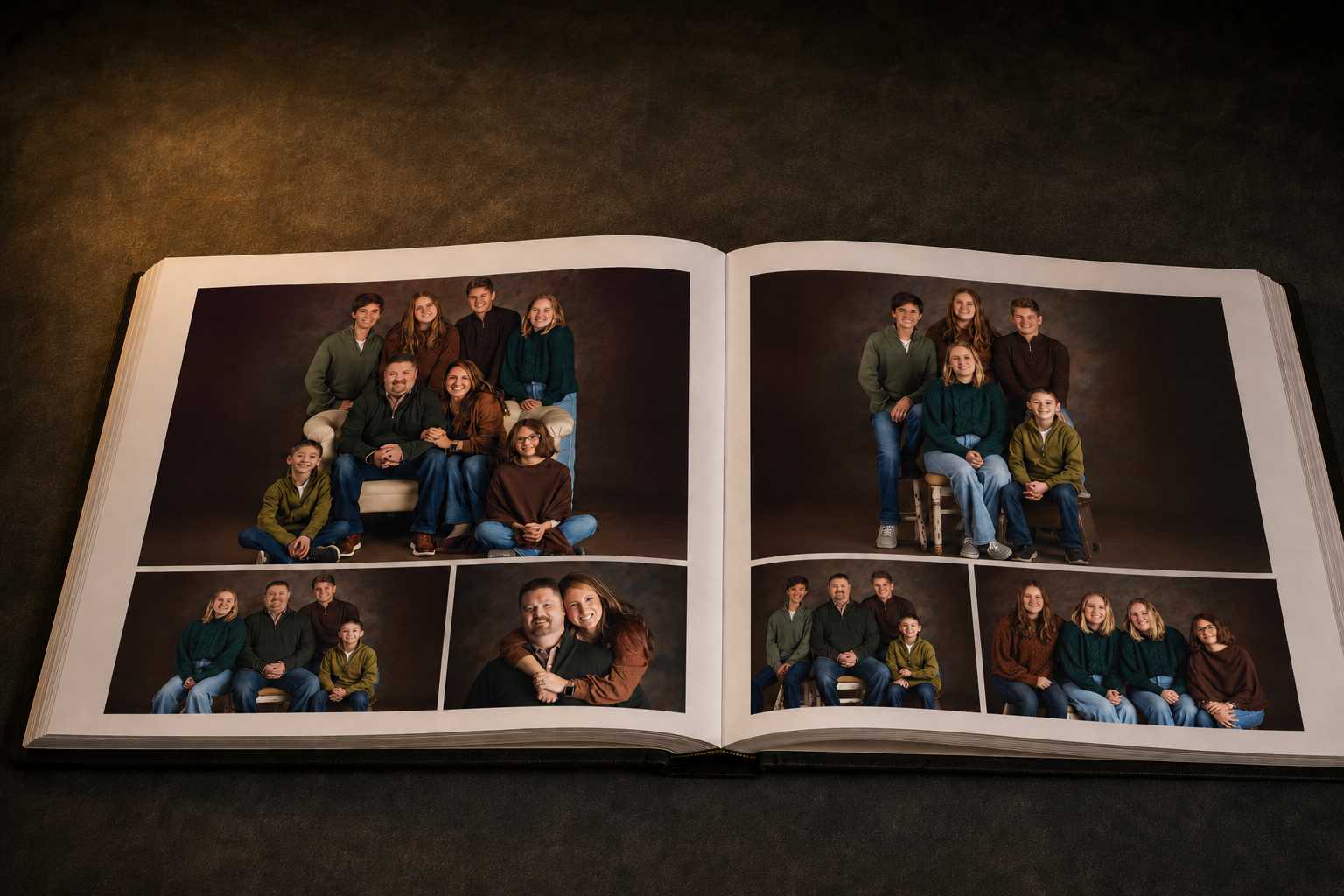 Custom family portrait albums displayed in a home