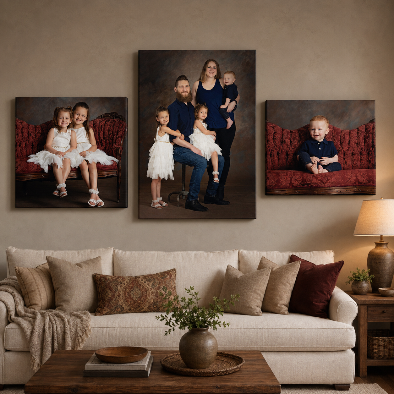 Three family portrait gallery wraps displayed above a living room sofa