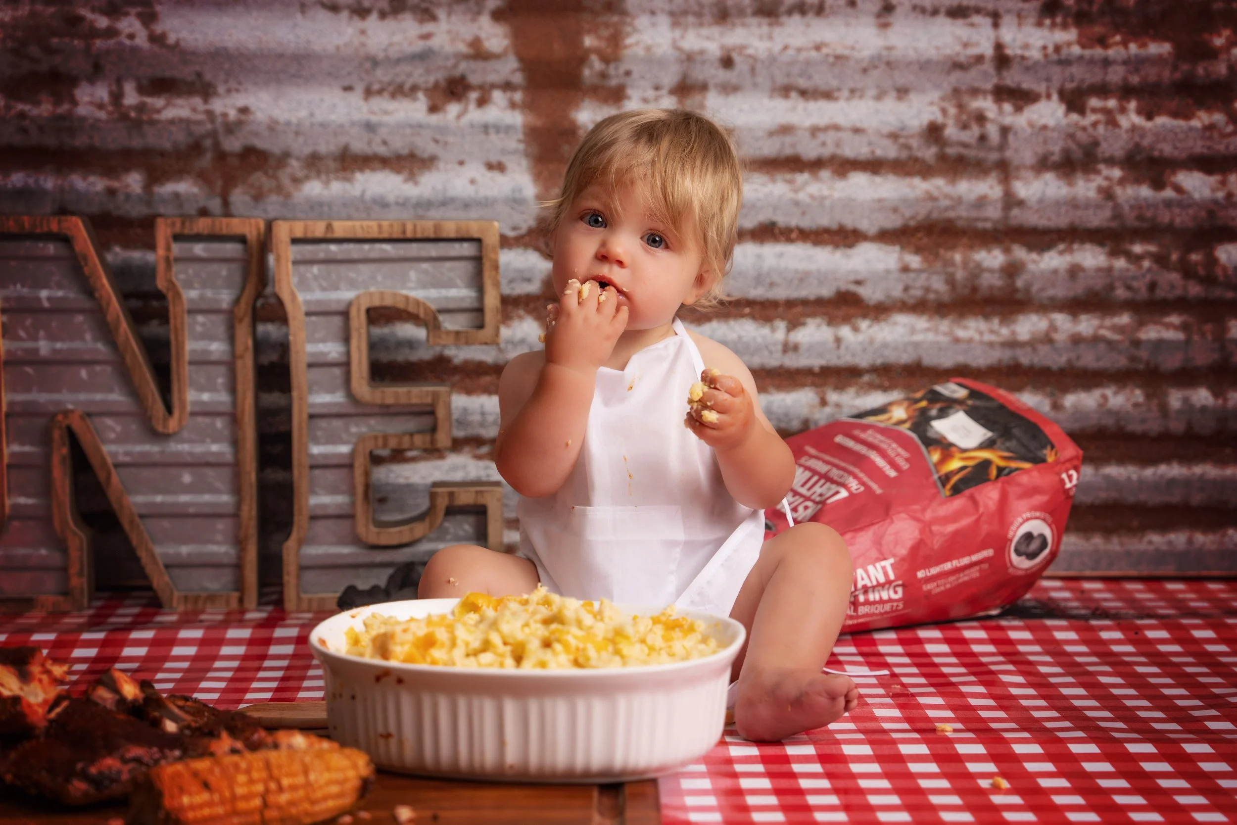 Favorite-food first birthday portrait featuring a barbecue celebration