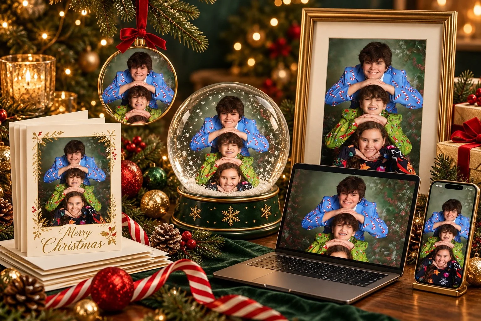 Illustrative Christmas portrait display with greeting cards, ornament, snow globe, framed portrait, laptop and iPhone