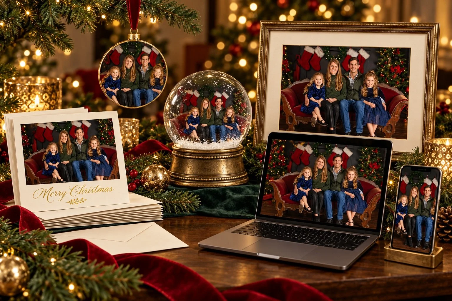 Illustrative Christmas portrait display with greeting cards, ornament, snow globe, framed portrait, laptop and iPhone
