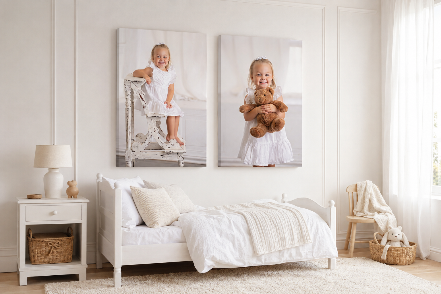 Heirloom canvas portraits displayed as wall art in a child's room