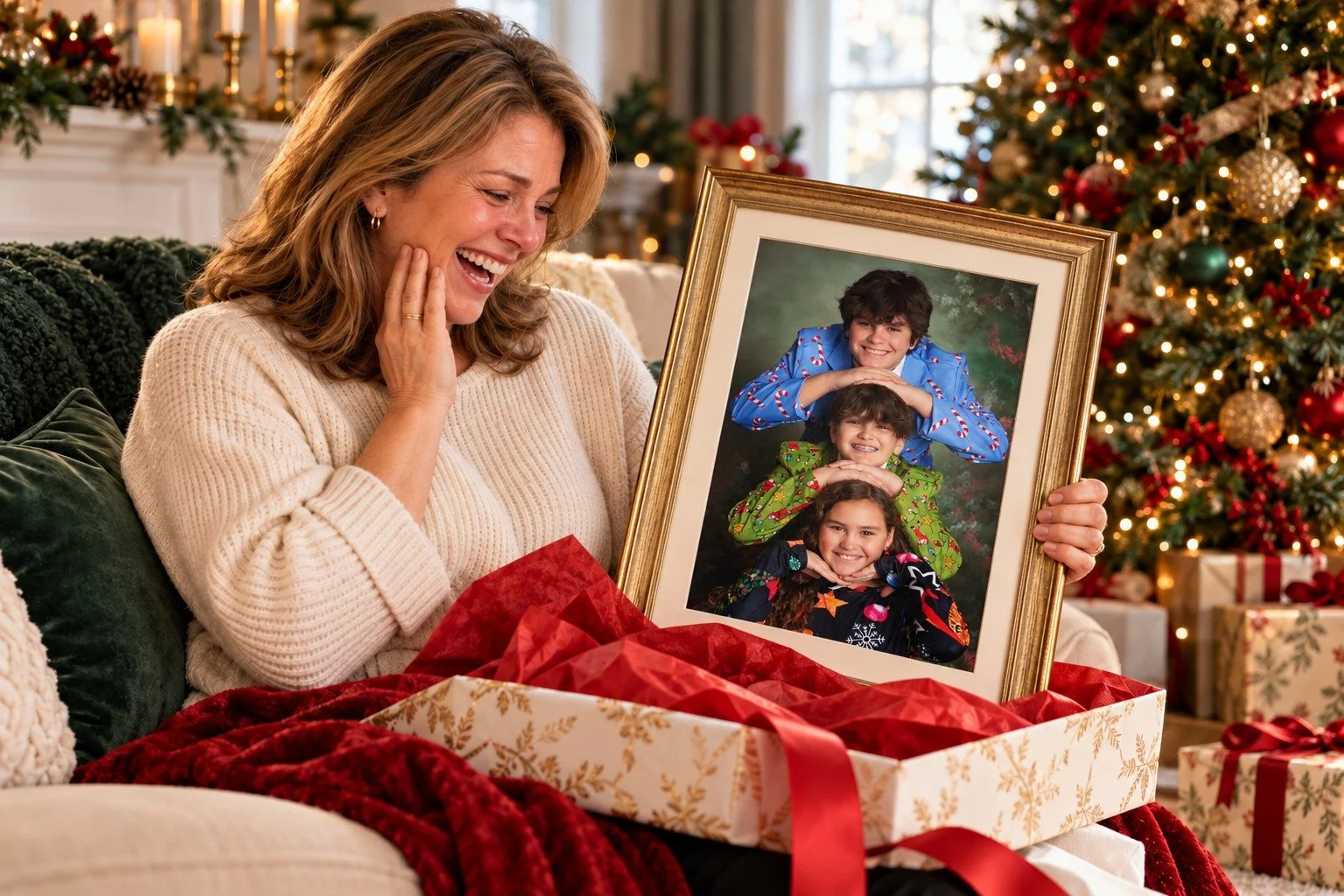 Illustrative Christmas morning scene of Mom laughing as she unwraps a framed goofy portrait of the kids