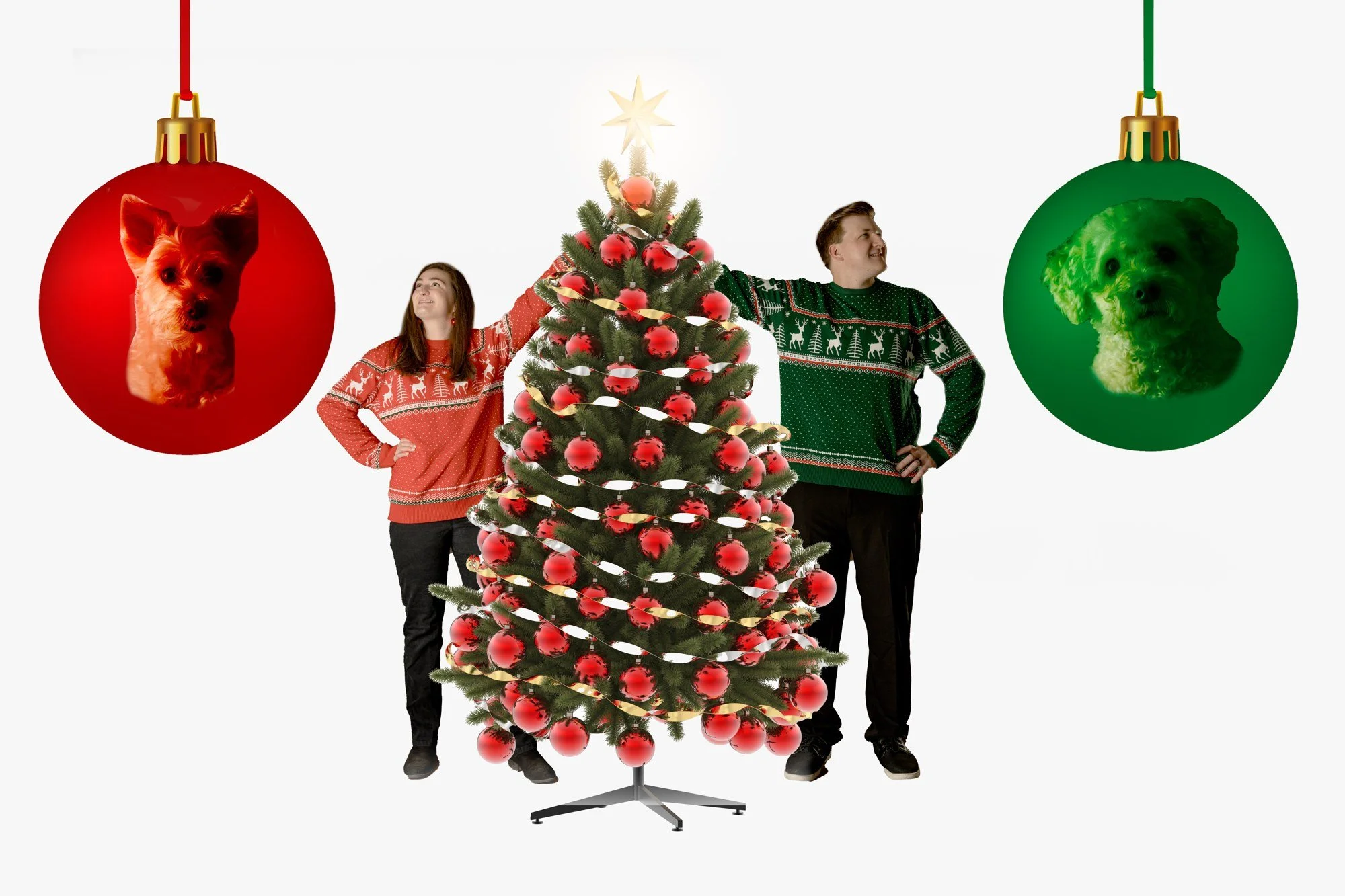 Playful family Christmas portrait with oversized ornaments and a Christmas tree