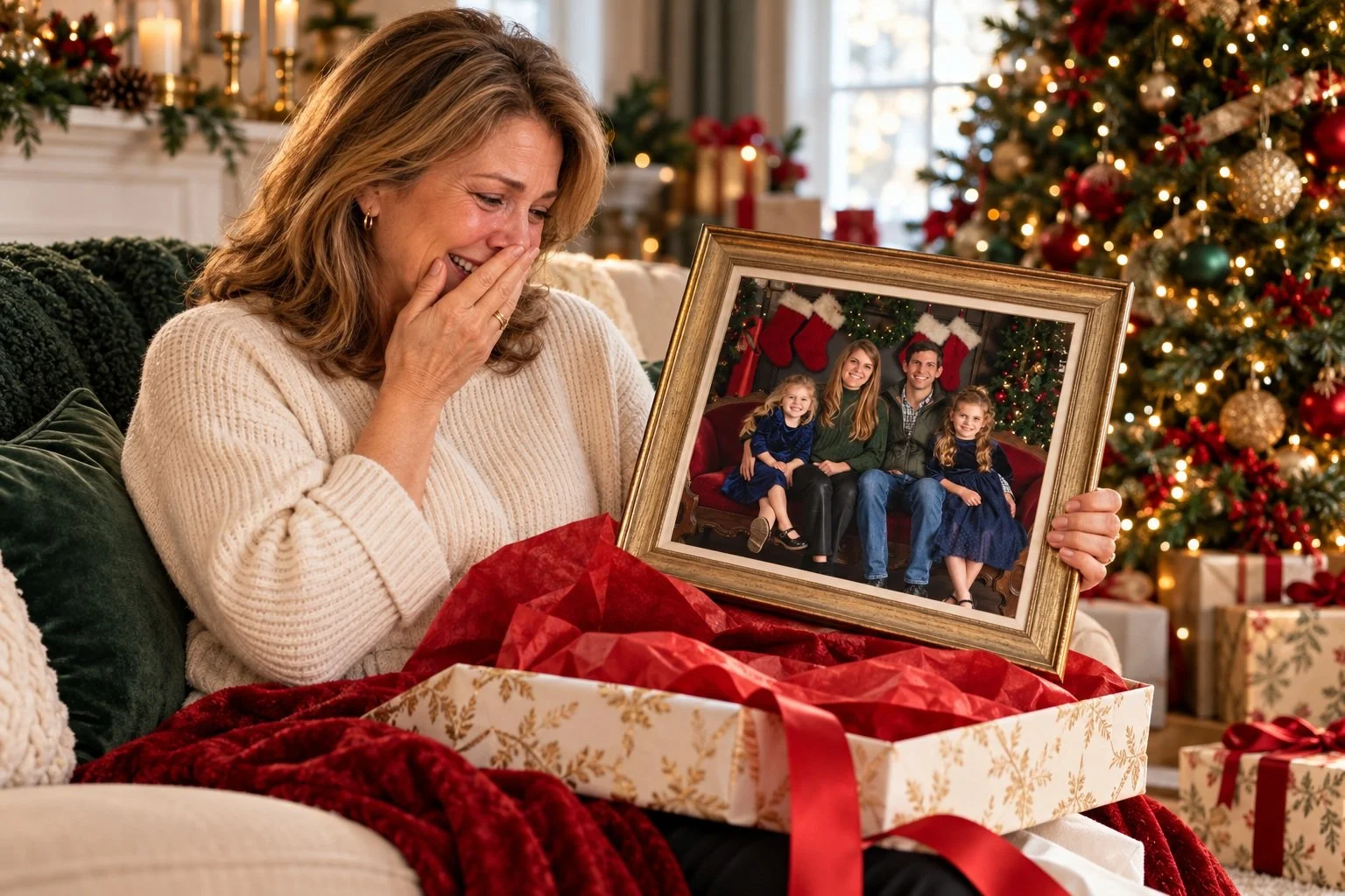 Illustrative Christmas morning scene of a mother opening a framed portrait gift