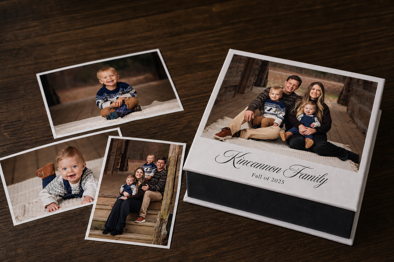 Custom memory box filled with family portrait prints