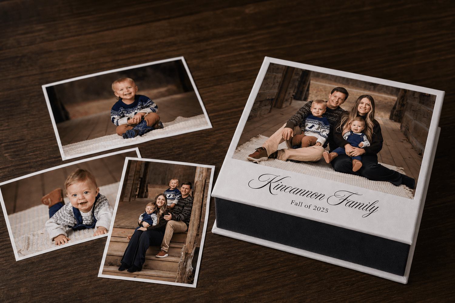 Custom memory box filled with family portrait prints