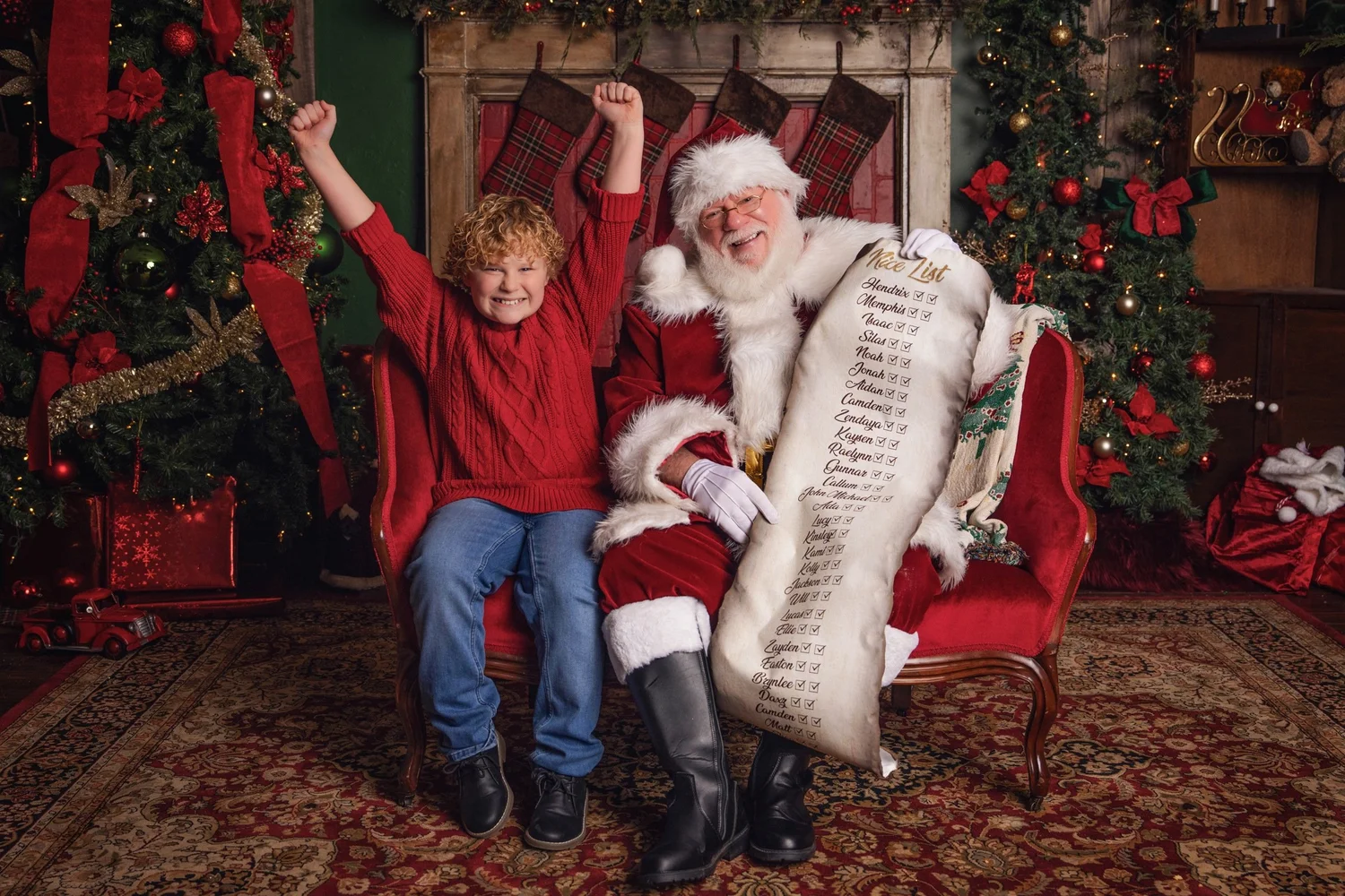 Happy child celebrating with Santa and the Nice List