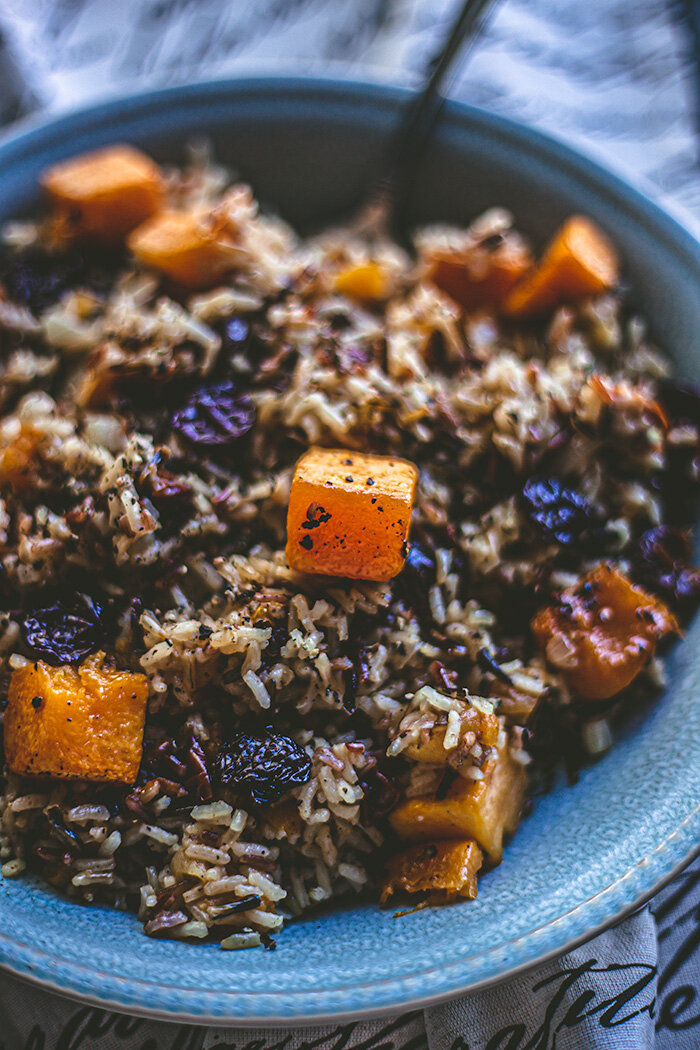 Wild Rice with Roasted Squash and Dried Fruit