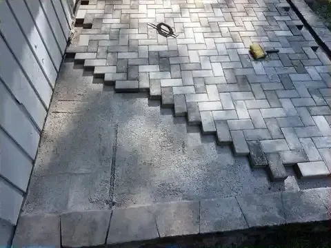 Paver patio rebuild in progress in Roselle, Illinois.