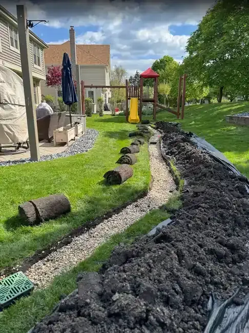 French drain trench with sod rolls ready for restoration in Roselle, Illinois.