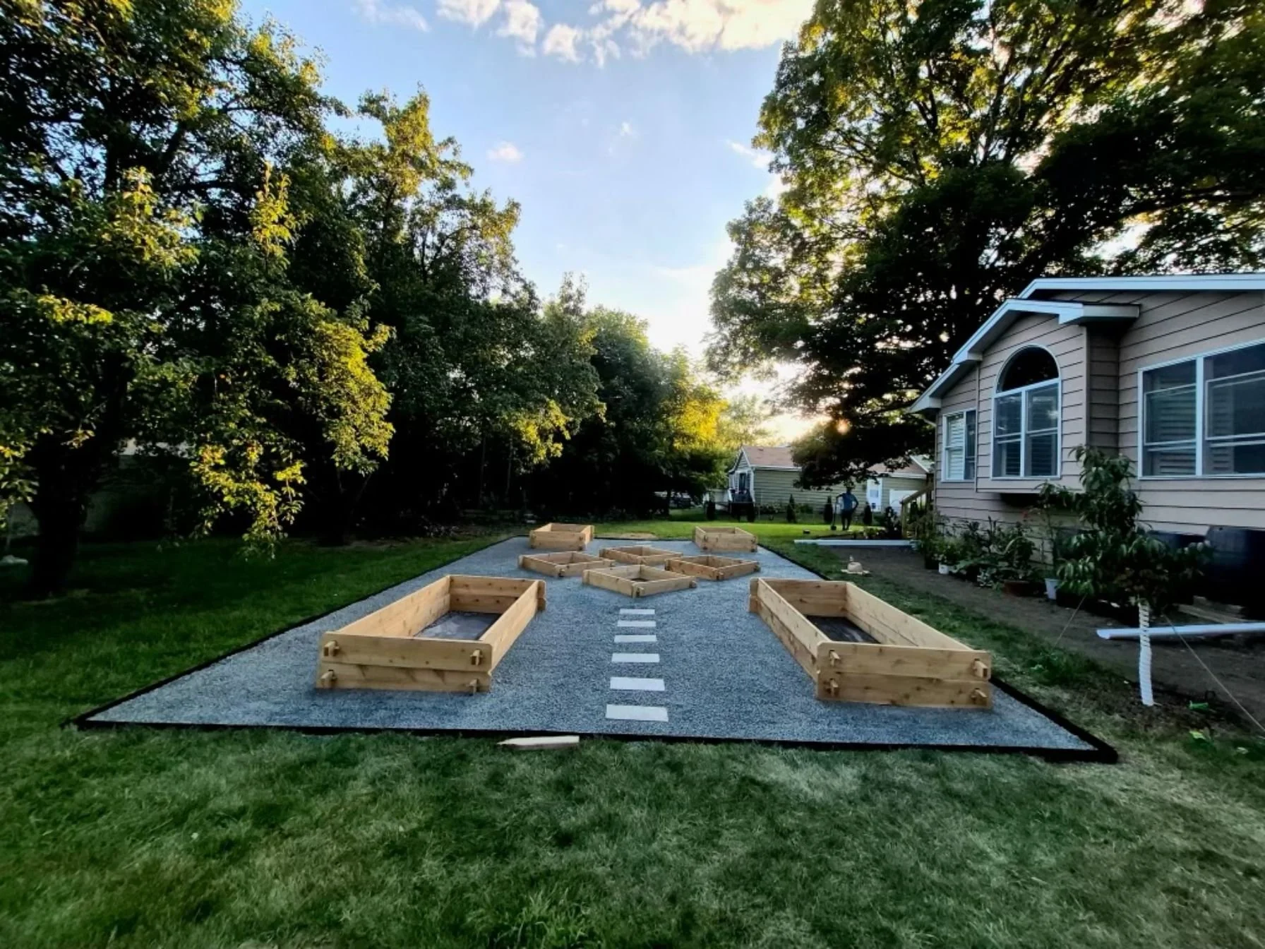 Backyard raised garden bed area in Roselle, Illinois.