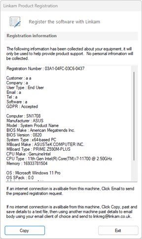 Linkam Product Registration Exit