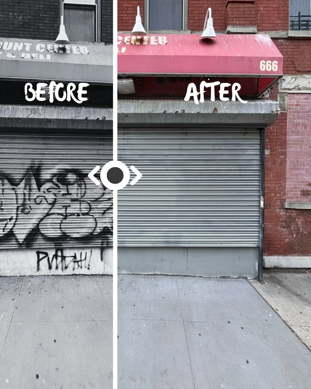 A roll-down security gate before and after graffiti removal