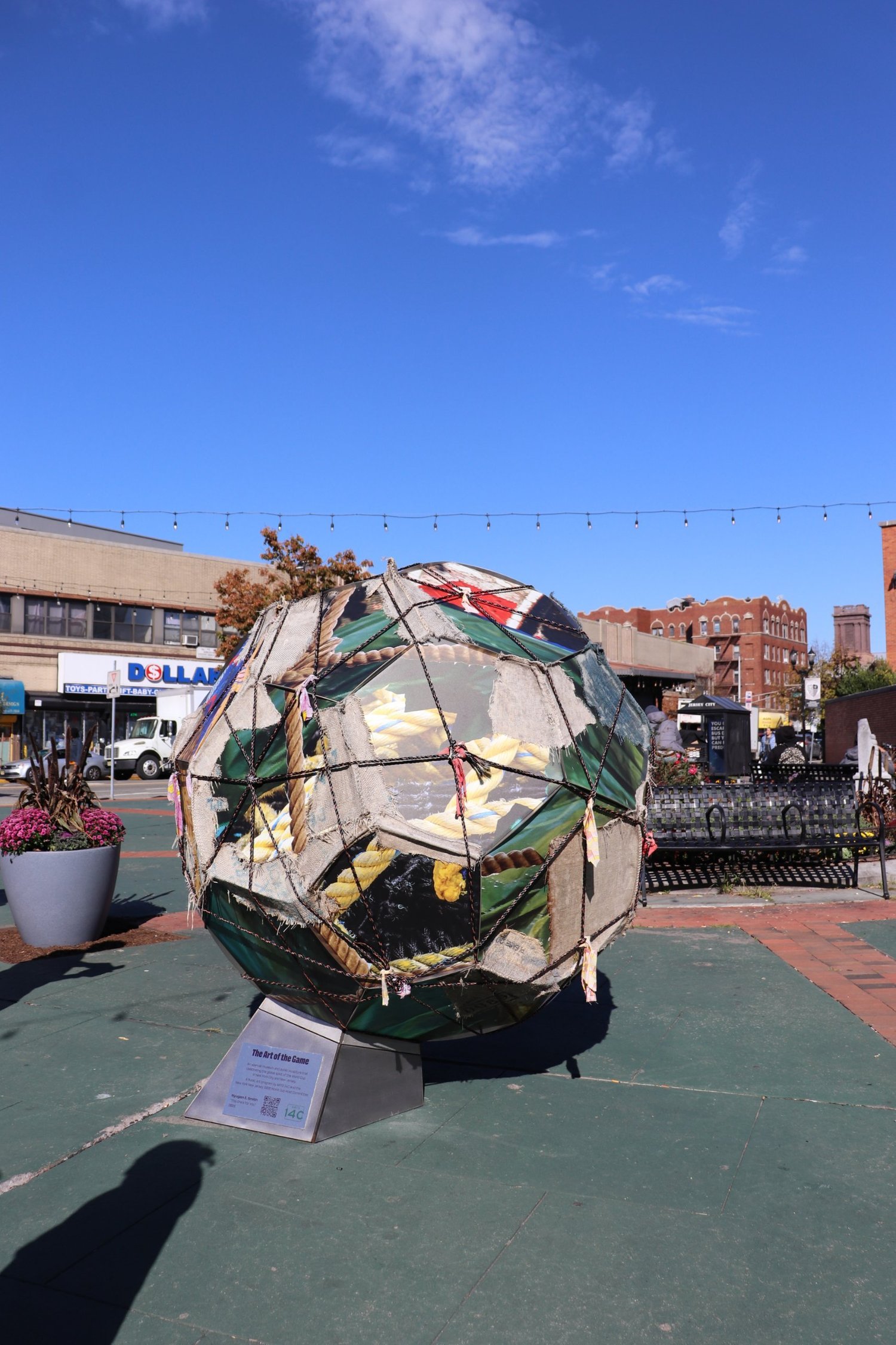 Close view of the mixed media soccer ball sculpture