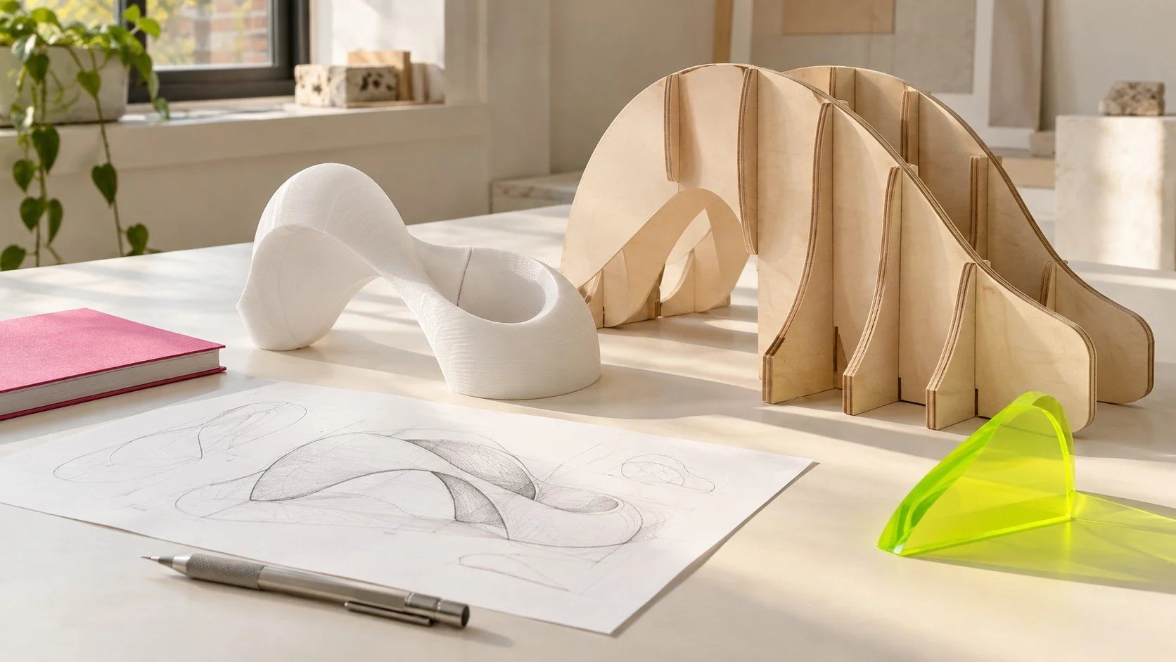 A creative studio workbench with sketches, sculptural wood pieces and a 3D printed prototype