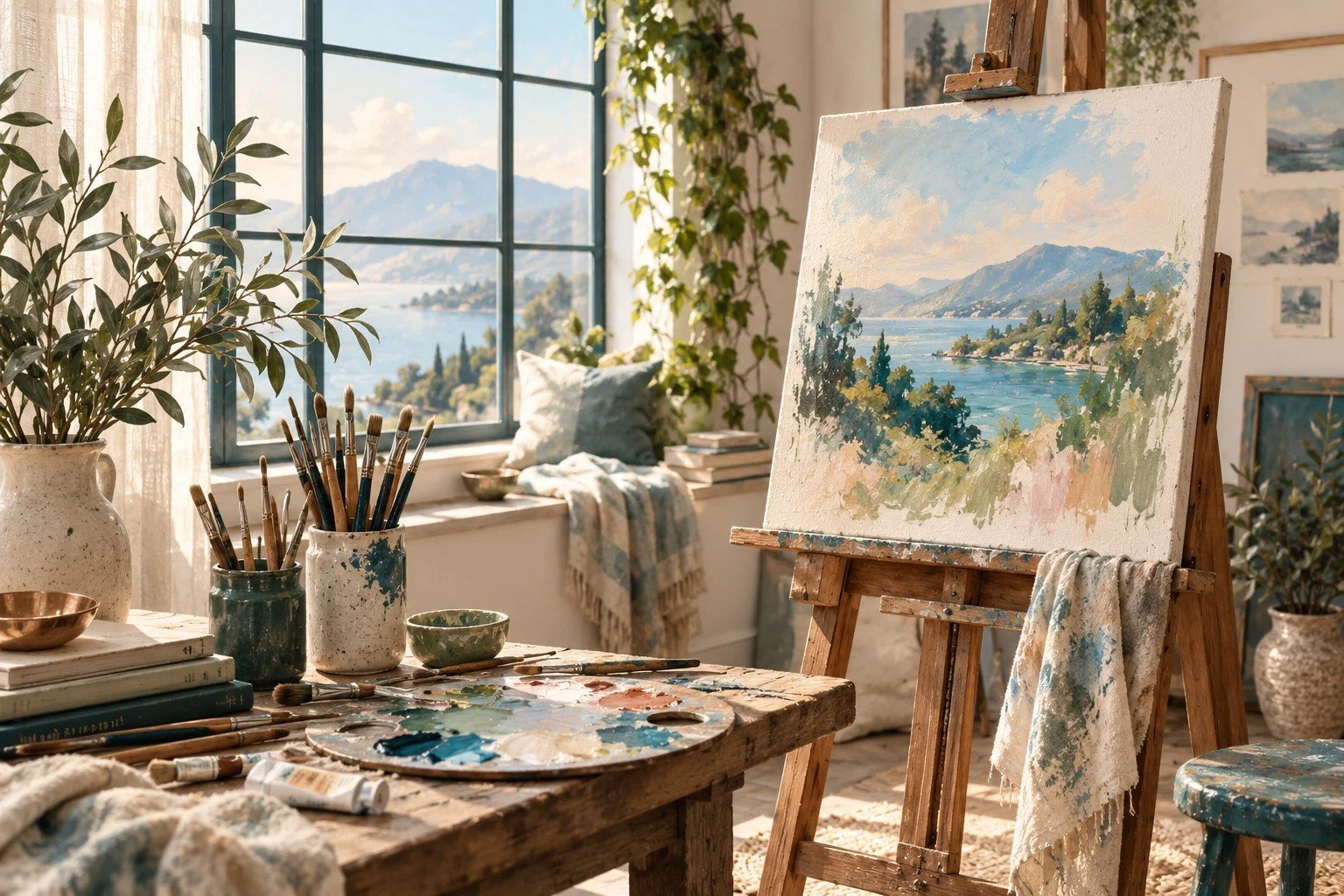 Illustrated sunlit art studio