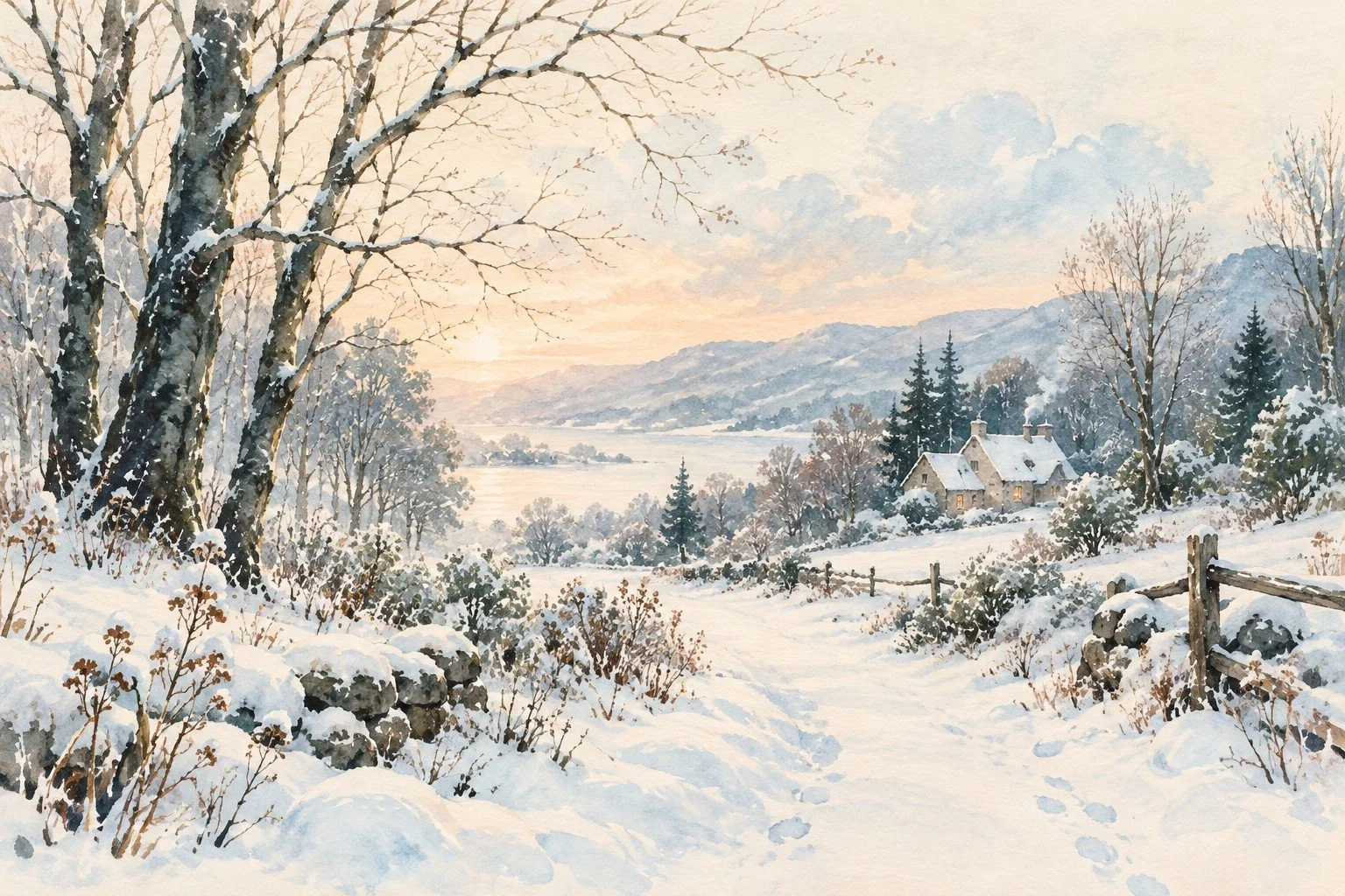 Watercolor winter landscape