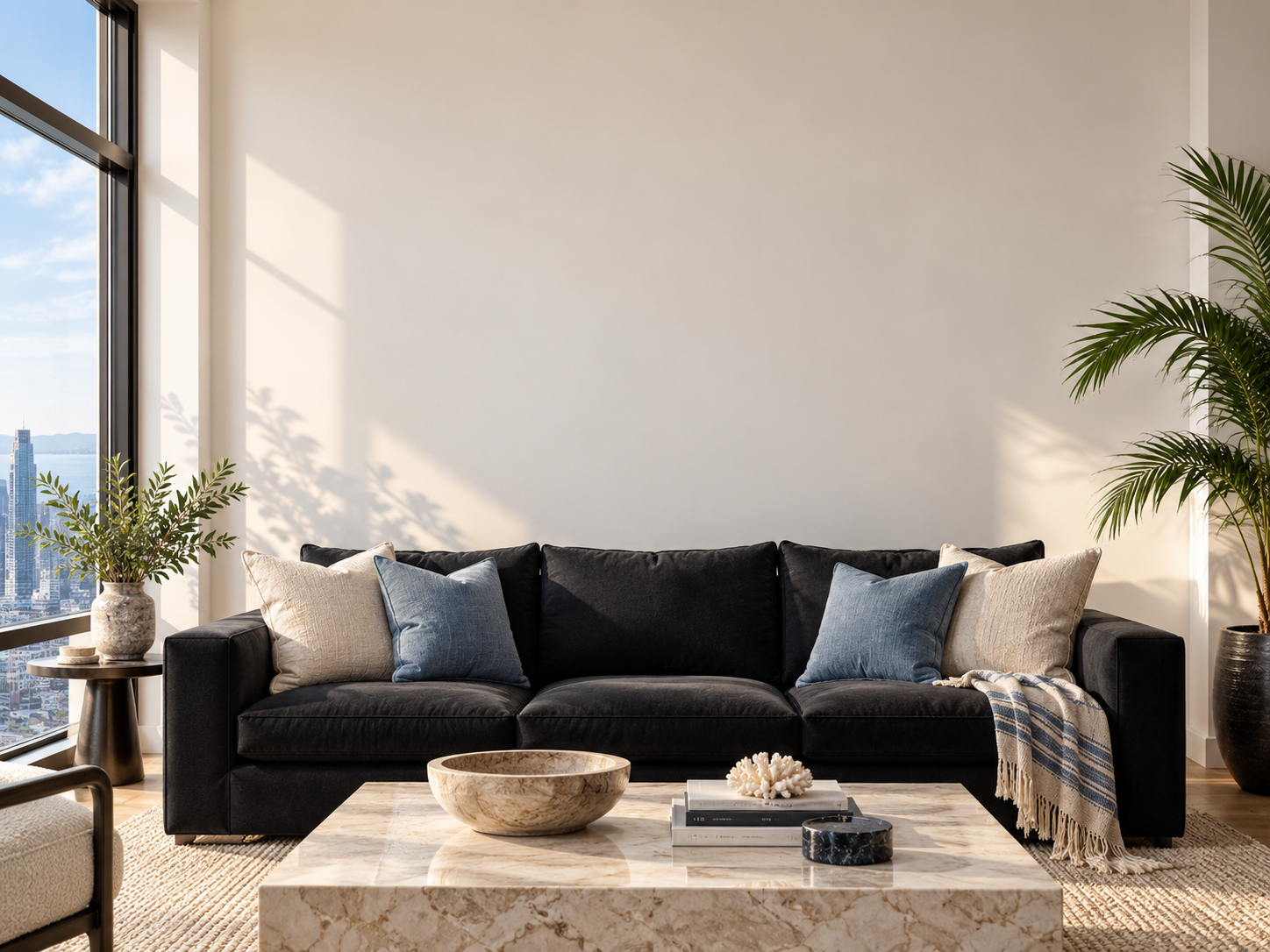 Upscale Contemporary Manhattan apartment with warm white walls, a black sofa, side windows and sunlight from the left