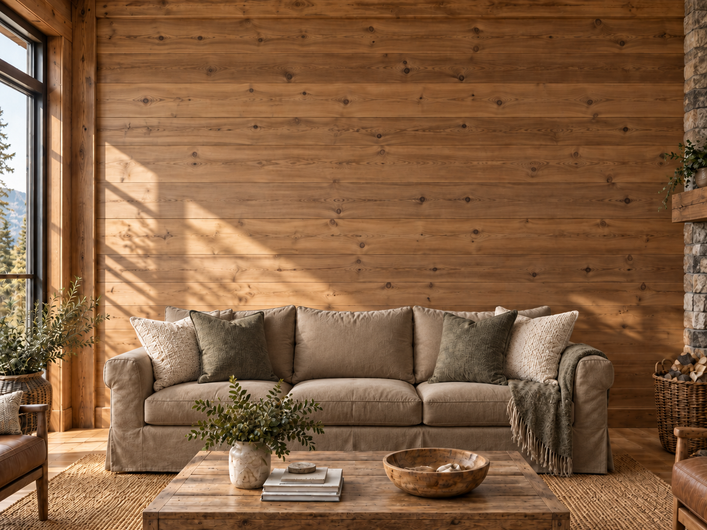 Upscale New Hampshire woodland cabin with warm timber walls, a taupe linen sofa and natural sunlight from the left